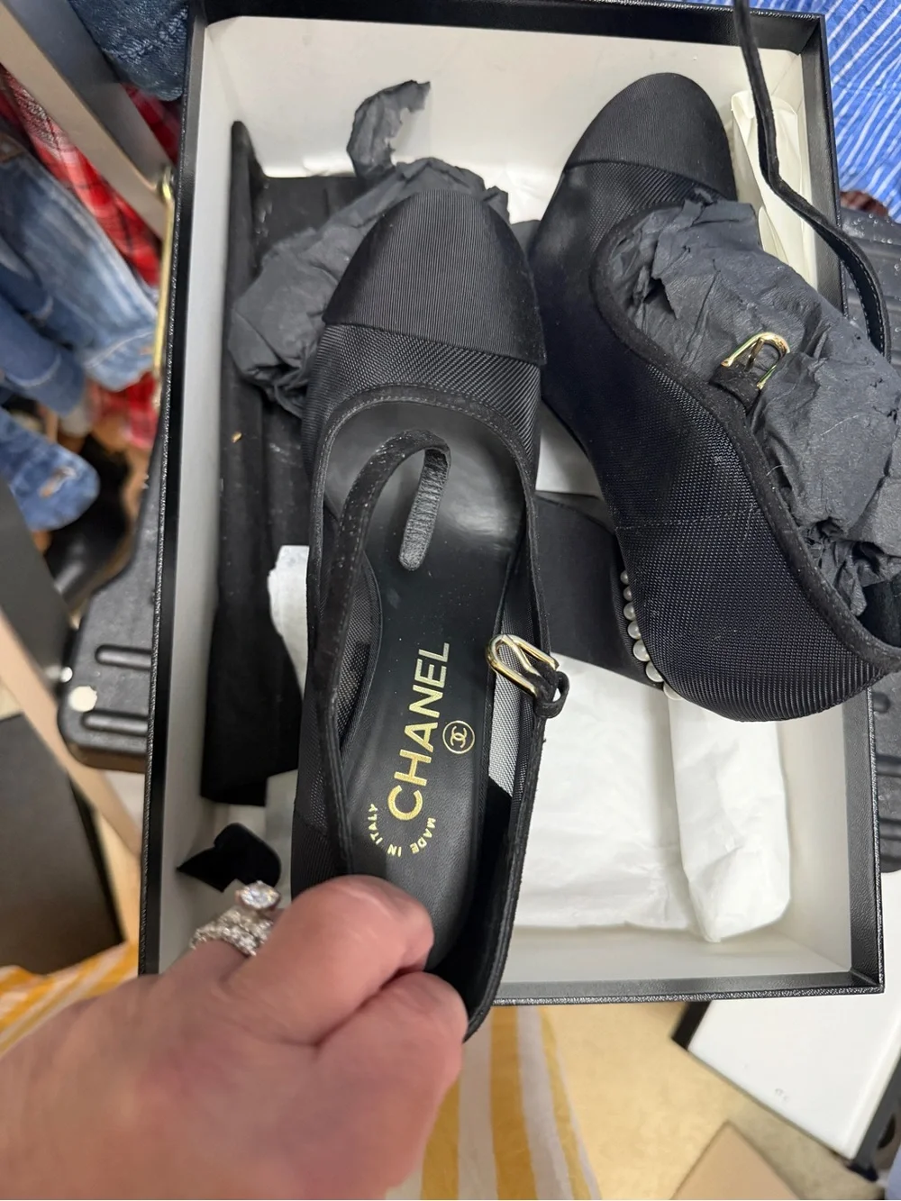 CHANEL Black Block Heel Pumps with Pearl Trim